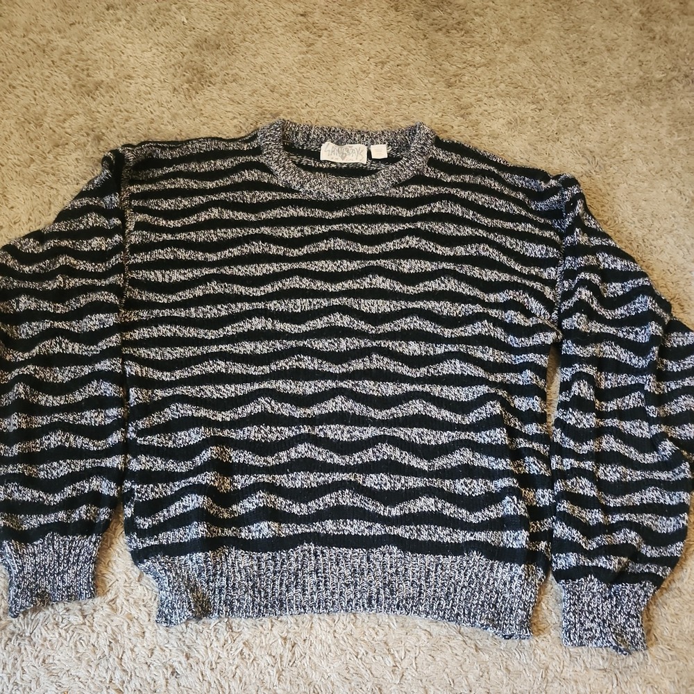 Vintage Saturdays Men's L Black/Gray Striped Sweater 100% Acrylic Korea